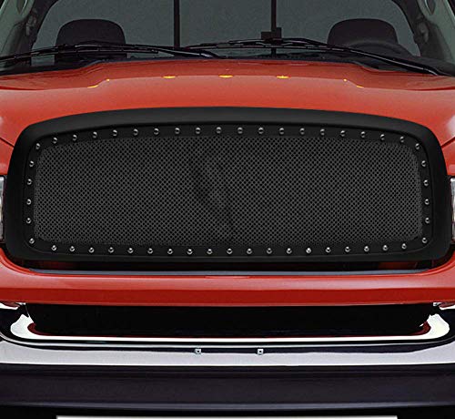 VXMOTOR For 2002-2005 Dodge Ram 1500/2003-2005 2500/3500 Matte Black RVT Rivet Bolt Steel Mesh Front Hood Bumper Grill Grille