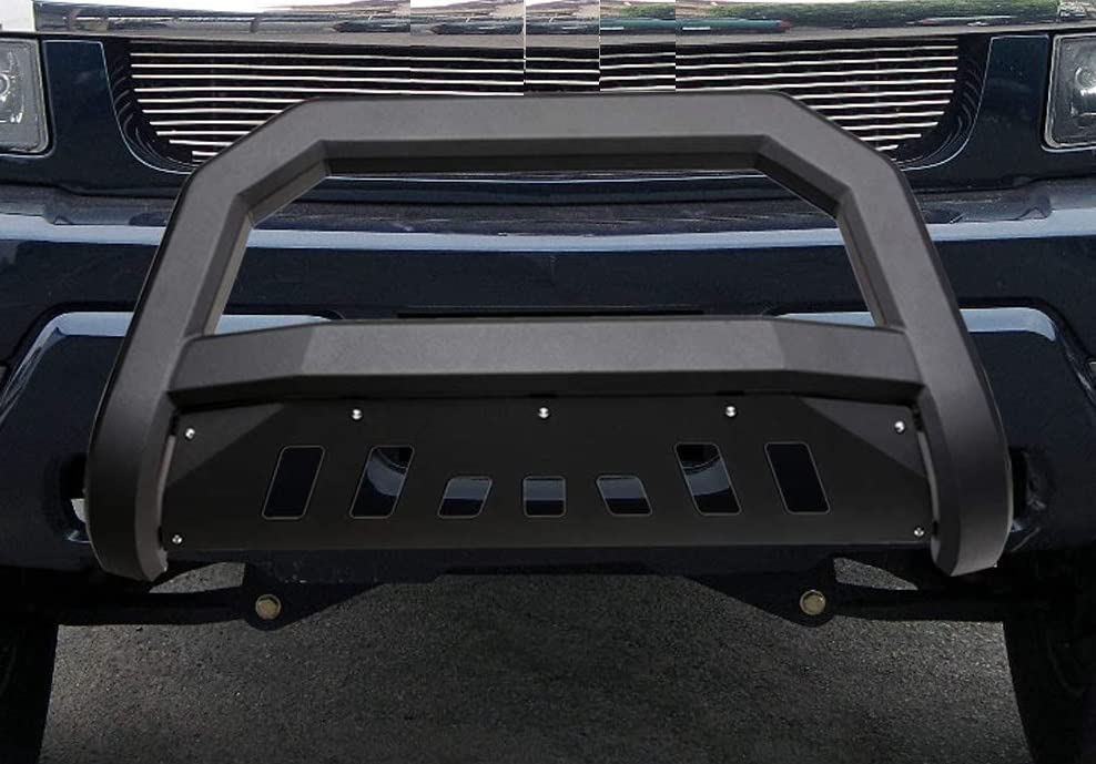 VXMOTOR for 99-07 Chevy Silverado, for 00-06 Suburban/Tahoe, for 99-07 GMC Sierra, for 00-06 Yukon 1500 - Matte Black AVT Style Bull Bar Brush Push Front Bumper Grill Grille Guard with Skid Plate V2