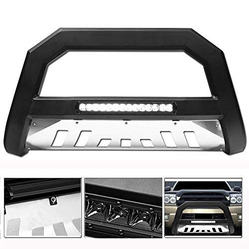 VXMOTOR for 2003-2009 Toyota 4Runner / Lexus GX470 Matte Black Blk AVT Style Aluminum LED Light Bull Bar - Brush Push Front Bumper Grill Grille Guard with Stainless Skid Plate