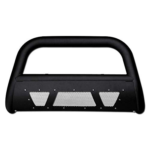 VXMOTOR for 99-07 Chevy Silverado, for 00-06 Suburban/Tahoe, for 99-07 GMC Sierra, for 00-06 Yukon 1500 - Matte Black Studded Mesh Bull Bar Brush Front Bumper Grill Grille Guard with Skid Plate V2